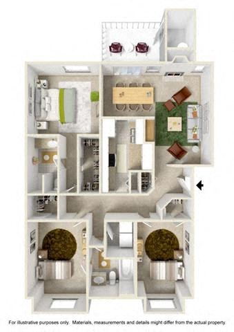 A floor plan of an apartment with a kitchen, living room, and two bedrooms.